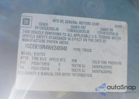 1998 Chevrolet K1500 Fleetside from USA, damaged, VIN 1GCEK19R4WE243040